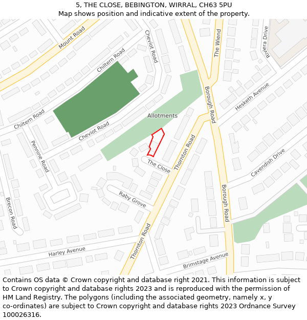 5, THE CLOSE, BEBINGTON, WIRRAL, CH63 5PU: Location map and indicative extent of plot