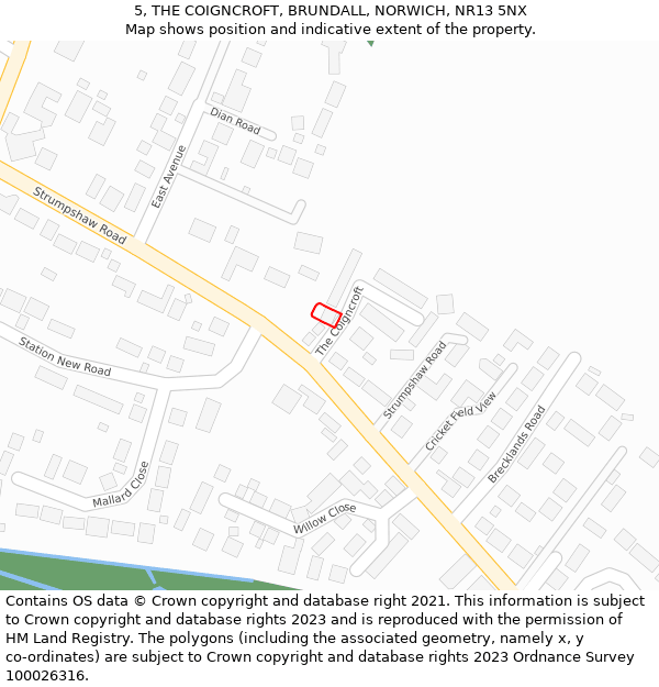 5, THE COIGNCROFT, BRUNDALL, NORWICH, NR13 5NX: Location map and indicative extent of plot