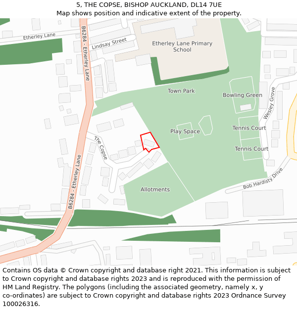 5, THE COPSE, BISHOP AUCKLAND, DL14 7UE: Location map and indicative extent of plot