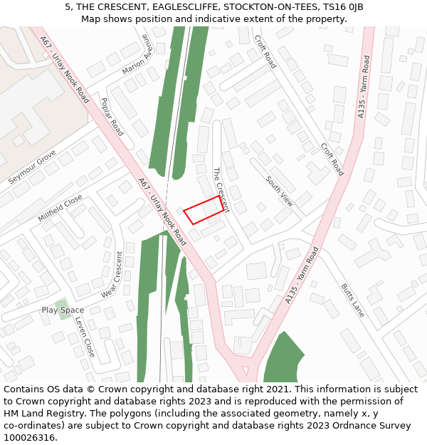 5, THE CRESCENT, EAGLESCLIFFE, STOCKTON-ON-TEES, TS16 0JB: Location map and indicative extent of plot