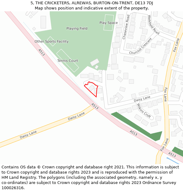 5, THE CRICKETERS, ALREWAS, BURTON-ON-TRENT, DE13 7DJ: Location map and indicative extent of plot