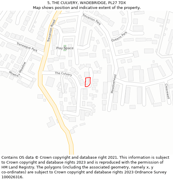 5, THE CULVERY, WADEBRIDGE, PL27 7DX: Location map and indicative extent of plot