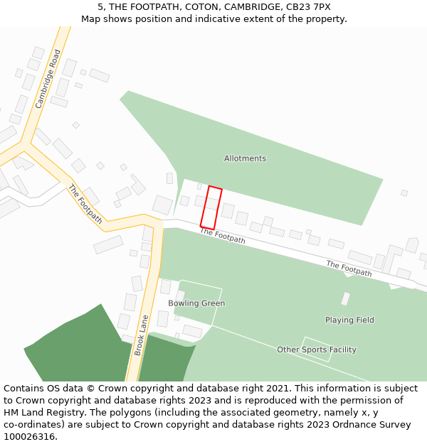 5, THE FOOTPATH, COTON, CAMBRIDGE, CB23 7PX: Location map and indicative extent of plot