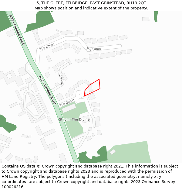 5, THE GLEBE, FELBRIDGE, EAST GRINSTEAD, RH19 2QT: Location map and indicative extent of plot