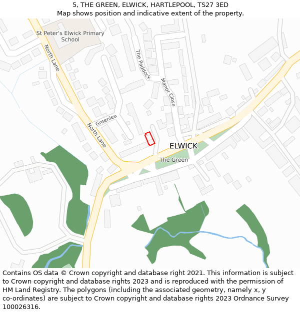 5, THE GREEN, ELWICK, HARTLEPOOL, TS27 3ED: Location map and indicative extent of plot