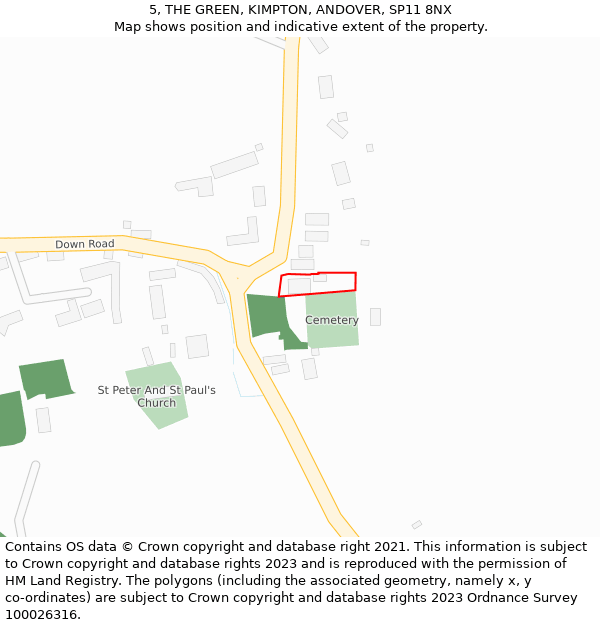 5, THE GREEN, KIMPTON, ANDOVER, SP11 8NX: Location map and indicative extent of plot