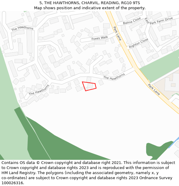 5, THE HAWTHORNS, CHARVIL, READING, RG10 9TS: Location map and indicative extent of plot