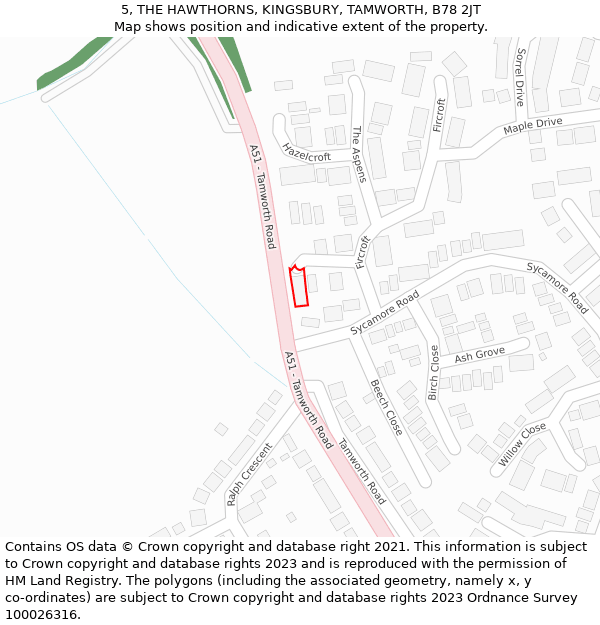 5, THE HAWTHORNS, KINGSBURY, TAMWORTH, B78 2JT: Location map and indicative extent of plot