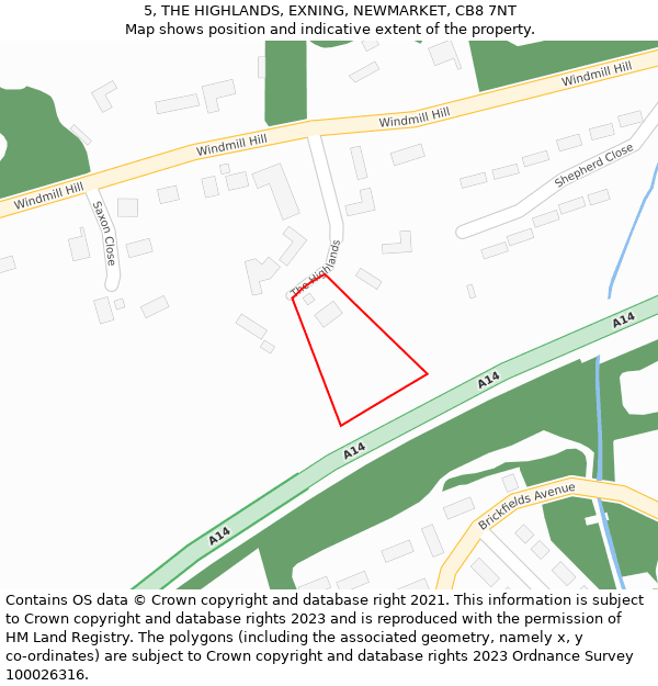 5, THE HIGHLANDS, EXNING, NEWMARKET, CB8 7NT: Location map and indicative extent of plot