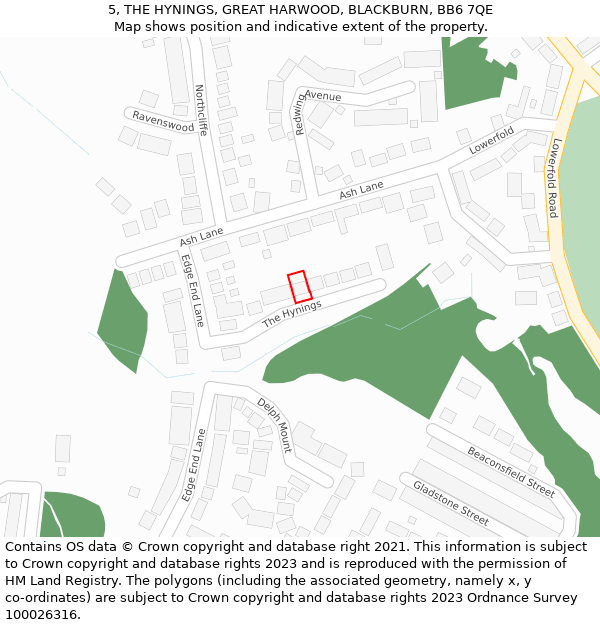 5, THE HYNINGS, GREAT HARWOOD, BLACKBURN, BB6 7QE: Location map and indicative extent of plot