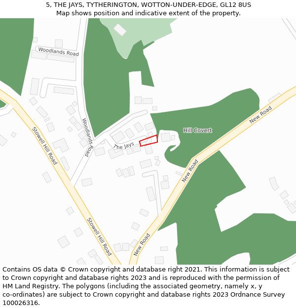 5, THE JAYS, TYTHERINGTON, WOTTON-UNDER-EDGE, GL12 8US: Location map and indicative extent of plot