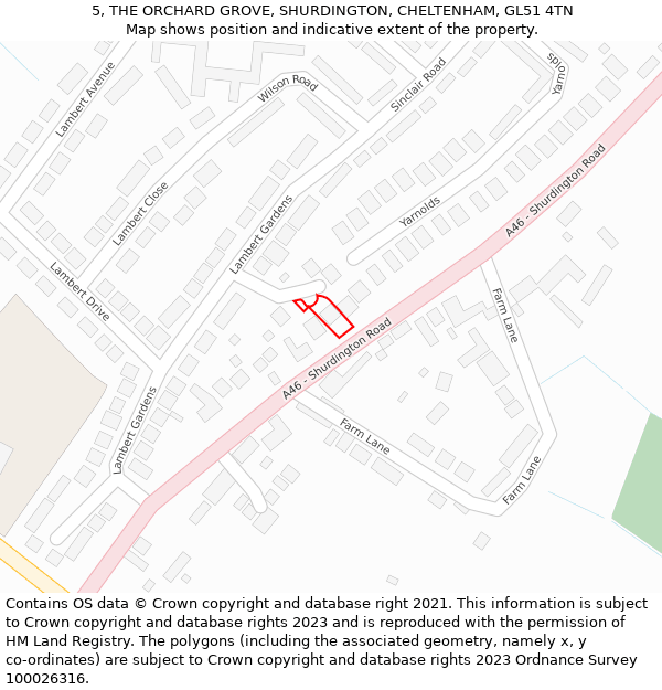 5, THE ORCHARD GROVE, SHURDINGTON, CHELTENHAM, GL51 4TN: Location map and indicative extent of plot