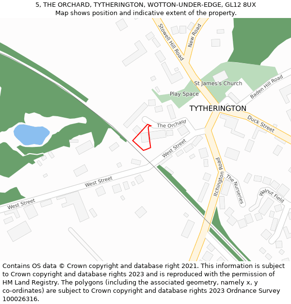 5, THE ORCHARD, TYTHERINGTON, WOTTON-UNDER-EDGE, GL12 8UX: Location map and indicative extent of plot