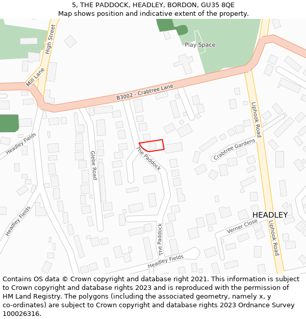 5, THE PADDOCK, HEADLEY, BORDON, GU35 8QE: Location map and indicative extent of plot