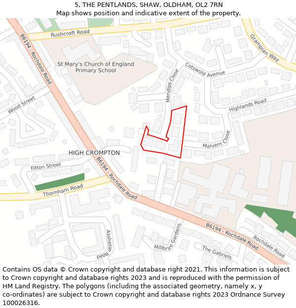 5, THE PENTLANDS, SHAW, OLDHAM, OL2 7RN: Location map and indicative extent of plot