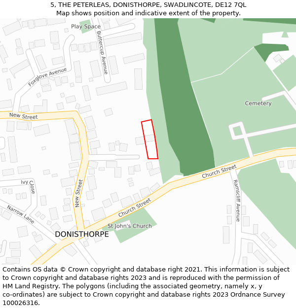 5, THE PETERLEAS, DONISTHORPE, SWADLINCOTE, DE12 7QL: Location map and indicative extent of plot
