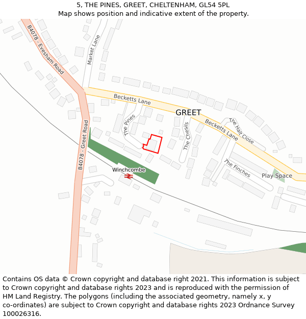 5, THE PINES, GREET, CHELTENHAM, GL54 5PL: Location map and indicative extent of plot