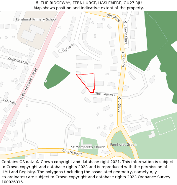 5, THE RIDGEWAY, FERNHURST, HASLEMERE, GU27 3JU: Location map and indicative extent of plot