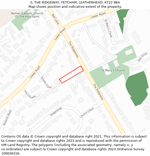 5, THE RIDGEWAY, FETCHAM, LEATHERHEAD, KT22 9BA: Location map and indicative extent of plot