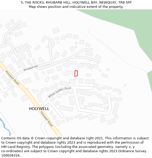 5, THE ROCKS, RHUBARB HILL, HOLYWELL BAY, NEWQUAY, TR8 5FP: Location map and indicative extent of plot