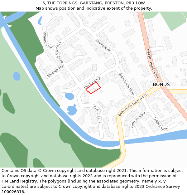 5, THE TOPPINGS, GARSTANG, PRESTON, PR3 1QW: Location map and indicative extent of plot