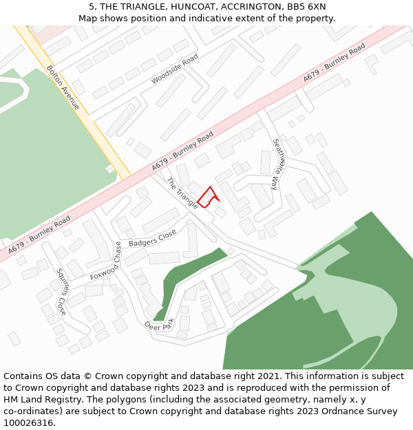 5, THE TRIANGLE, HUNCOAT, ACCRINGTON, BB5 6XN: Location map and indicative extent of plot