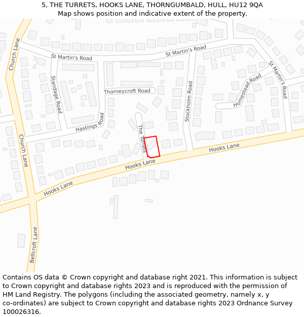 5, THE TURRETS, HOOKS LANE, THORNGUMBALD, HULL, HU12 9QA: Location map and indicative extent of plot