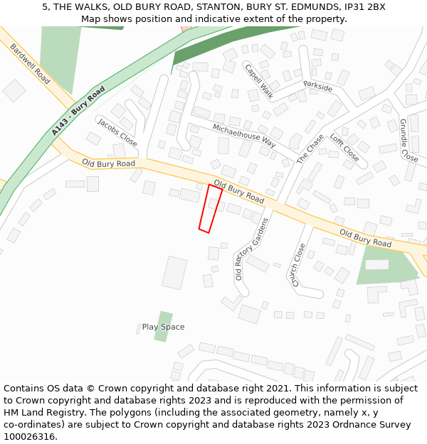 5, THE WALKS, OLD BURY ROAD, STANTON, BURY ST. EDMUNDS, IP31 2BX: Location map and indicative extent of plot