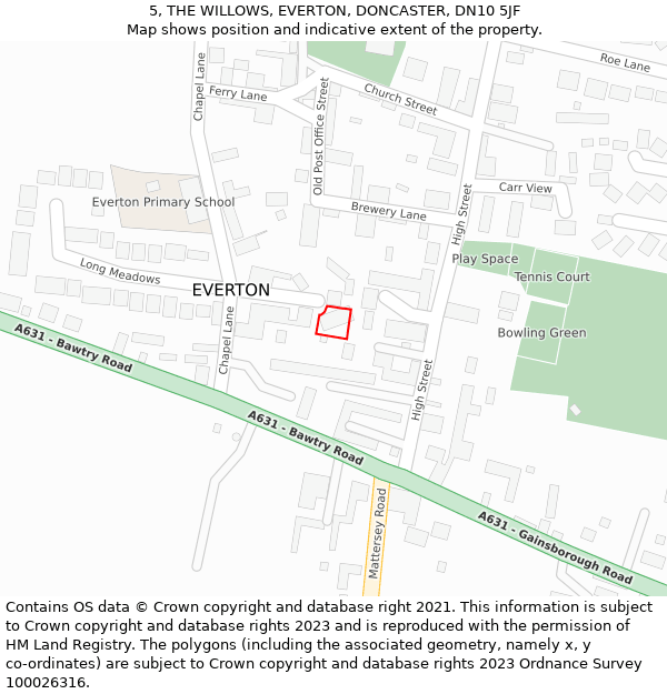 5, THE WILLOWS, EVERTON, DONCASTER, DN10 5JF: Location map and indicative extent of plot