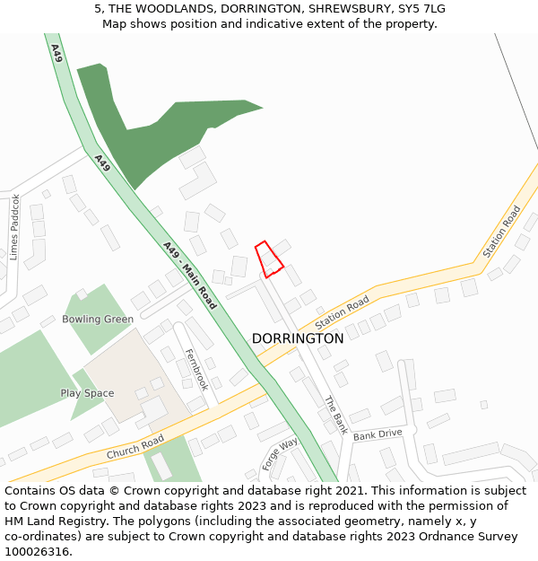 5, THE WOODLANDS, DORRINGTON, SHREWSBURY, SY5 7LG: Location map and indicative extent of plot