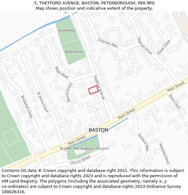 5, THETFORD AVENUE, BASTON, PETERBOROUGH, PE6 9PG: Location map and indicative extent of plot