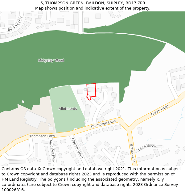 5, THOMPSON GREEN, BAILDON, SHIPLEY, BD17 7PR: Location map and indicative extent of plot