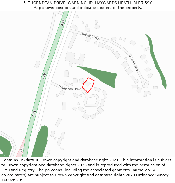 5, THORNDEAN DRIVE, WARNINGLID, HAYWARDS HEATH, RH17 5SX: Location map and indicative extent of plot