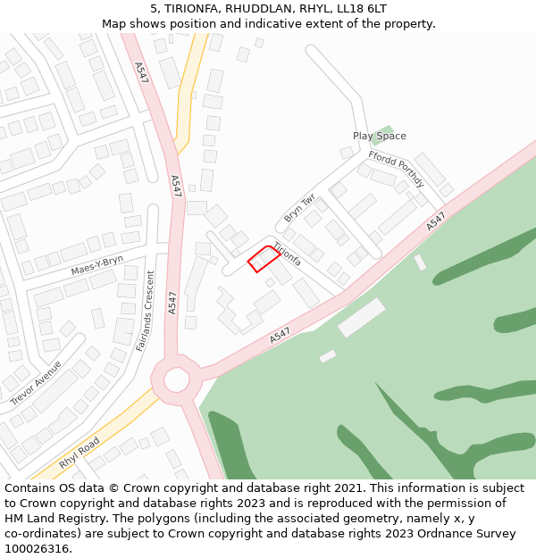 5, TIRIONFA, RHUDDLAN, RHYL, LL18 6LT: Location map and indicative extent of plot