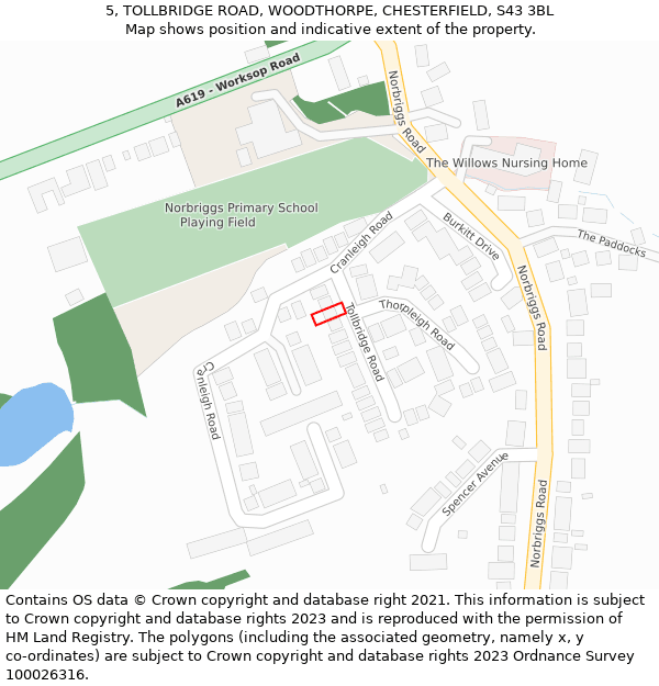 5, TOLLBRIDGE ROAD, WOODTHORPE, CHESTERFIELD, S43 3BL: Location map and indicative extent of plot