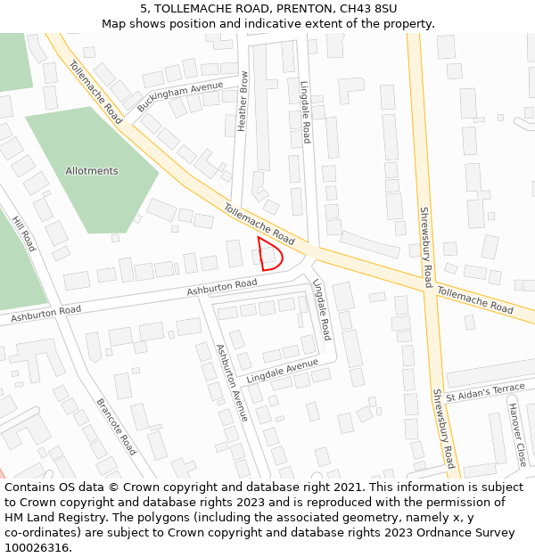 5, TOLLEMACHE ROAD, PRENTON, CH43 8SU: Location map and indicative extent of plot