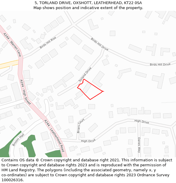 5, TORLAND DRIVE, OXSHOTT, LEATHERHEAD, KT22 0SA: Location map and indicative extent of plot