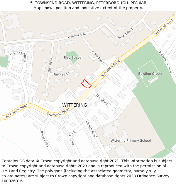 5, TOWNSEND ROAD, WITTERING, PETERBOROUGH, PE8 6AB: Location map and indicative extent of plot