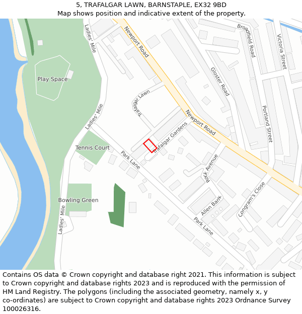 5, TRAFALGAR LAWN, BARNSTAPLE, EX32 9BD: Location map and indicative extent of plot