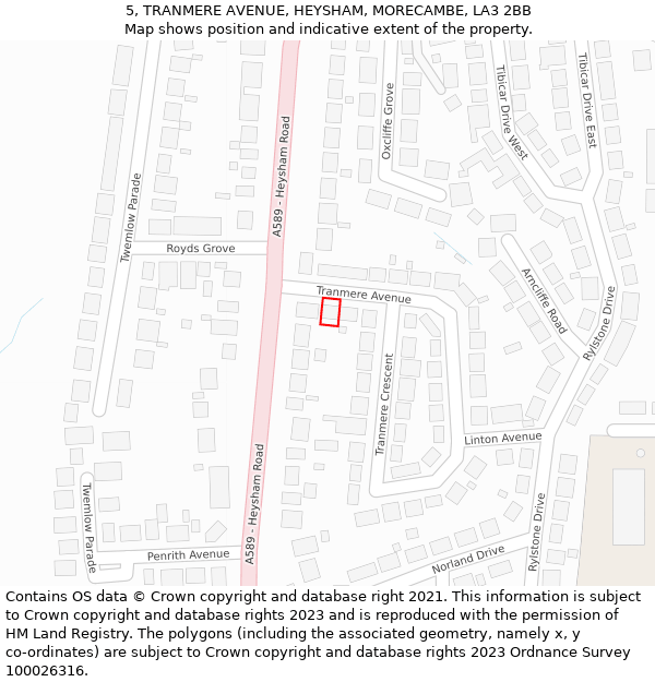 5, TRANMERE AVENUE, HEYSHAM, MORECAMBE, LA3 2BB: Location map and indicative extent of plot