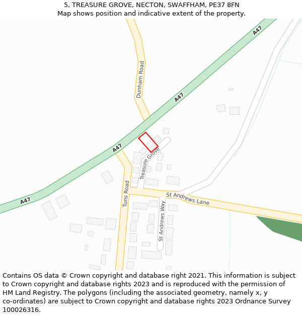 5, TREASURE GROVE, NECTON, SWAFFHAM, PE37 8FN: Location map and indicative extent of plot