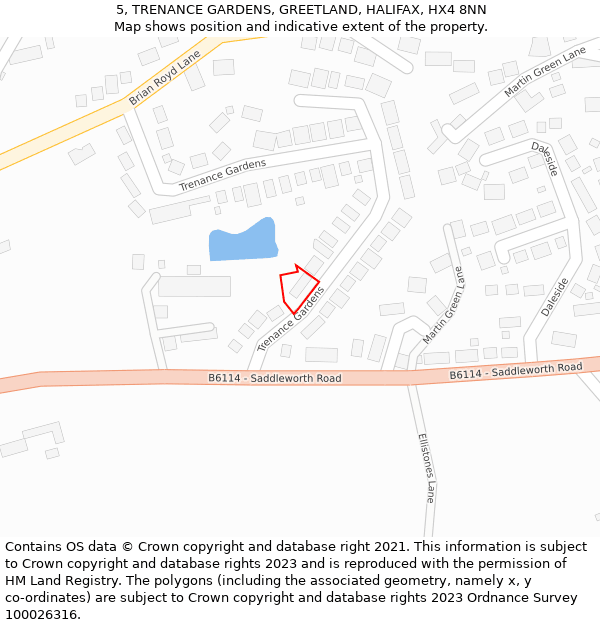 5, TRENANCE GARDENS, GREETLAND, HALIFAX, HX4 8NN: Location map and indicative extent of plot