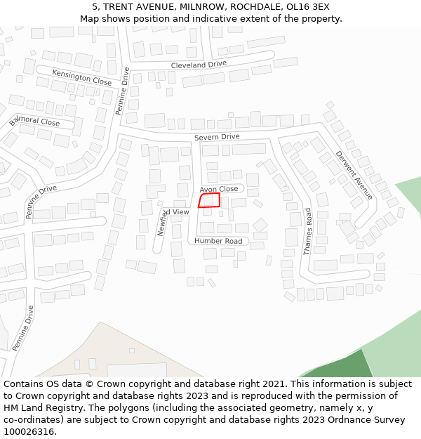 5, TRENT AVENUE, MILNROW, ROCHDALE, OL16 3EX: Location map and indicative extent of plot