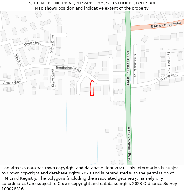 5, TRENTHOLME DRIVE, MESSINGHAM, SCUNTHORPE, DN17 3UL: Location map and indicative extent of plot