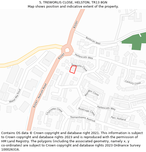 5, TREWORLIS CLOSE, HELSTON, TR13 8GN: Location map and indicative extent of plot