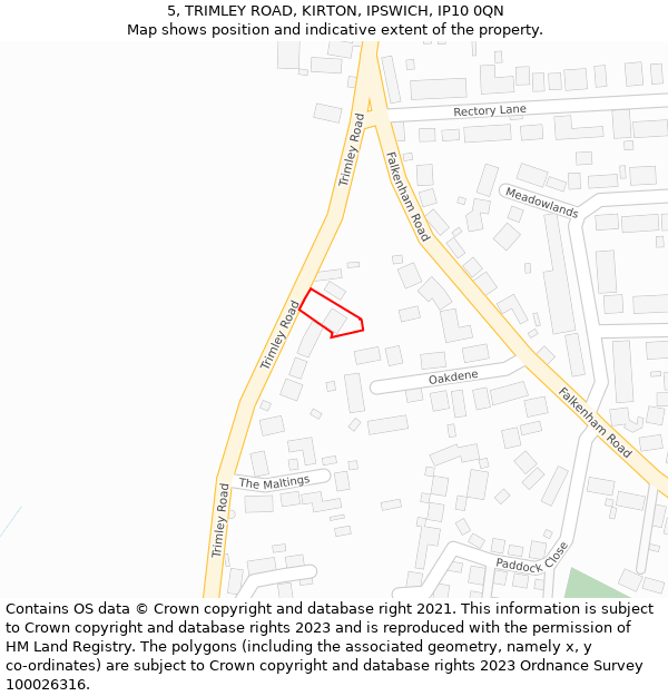 5, TRIMLEY ROAD, KIRTON, IPSWICH, IP10 0QN: Location map and indicative extent of plot