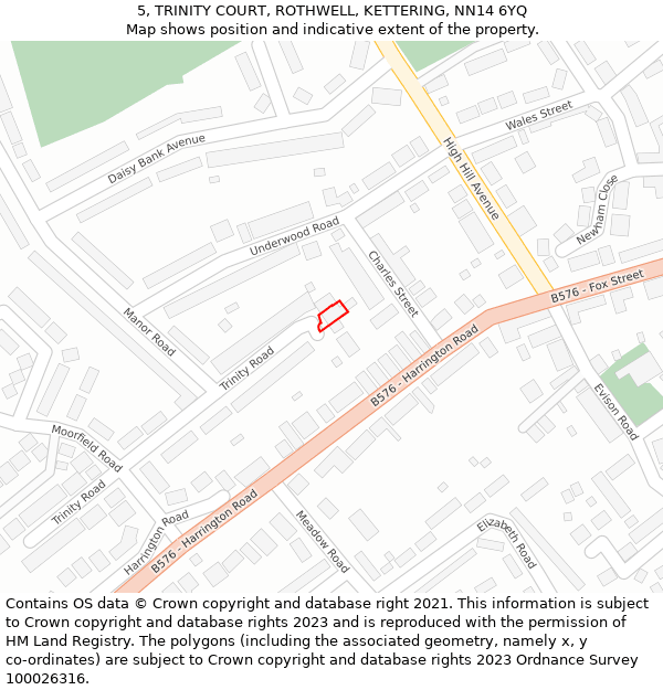 5, TRINITY COURT, ROTHWELL, KETTERING, NN14 6YQ: Location map and indicative extent of plot