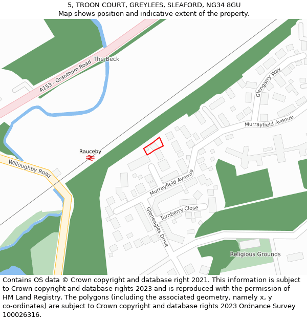 5, TROON COURT, GREYLEES, SLEAFORD, NG34 8GU: Location map and indicative extent of plot