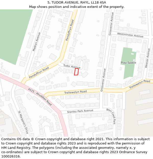 5, TUDOR AVENUE, RHYL, LL18 4SA: Location map and indicative extent of plot