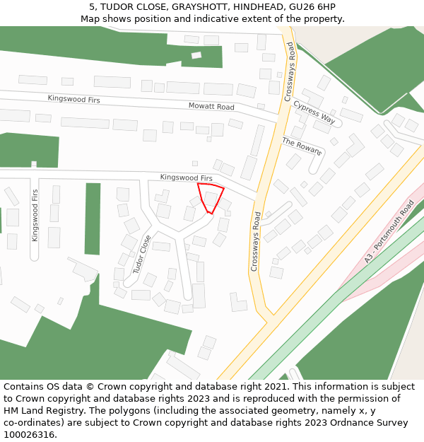 5, TUDOR CLOSE, GRAYSHOTT, HINDHEAD, GU26 6HP: Location map and indicative extent of plot